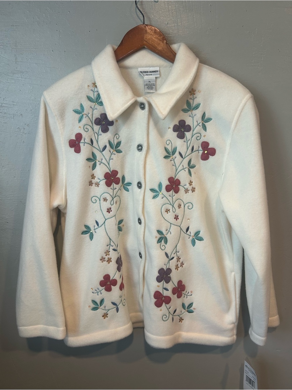 Alfred Dunner Cream Fleece Jacket with Floral Embroidery